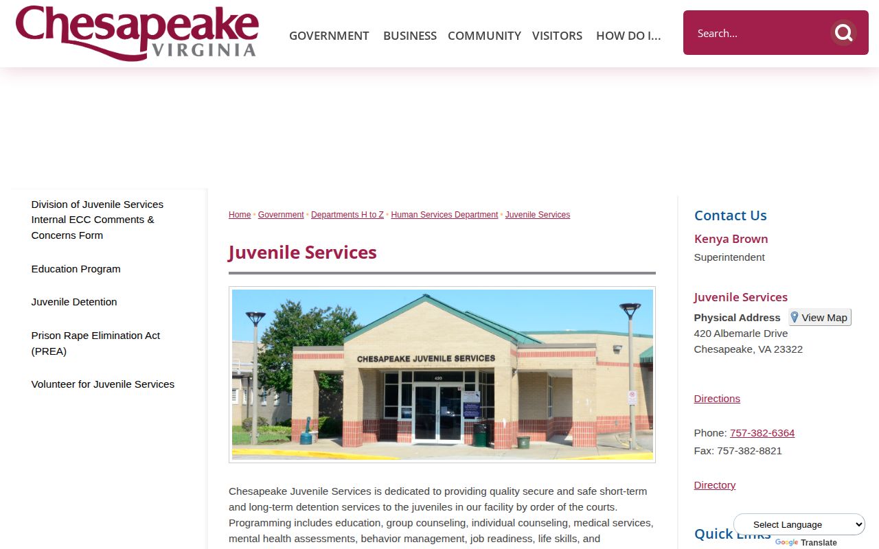Chesapeake Juvenile Services Center release contact source
