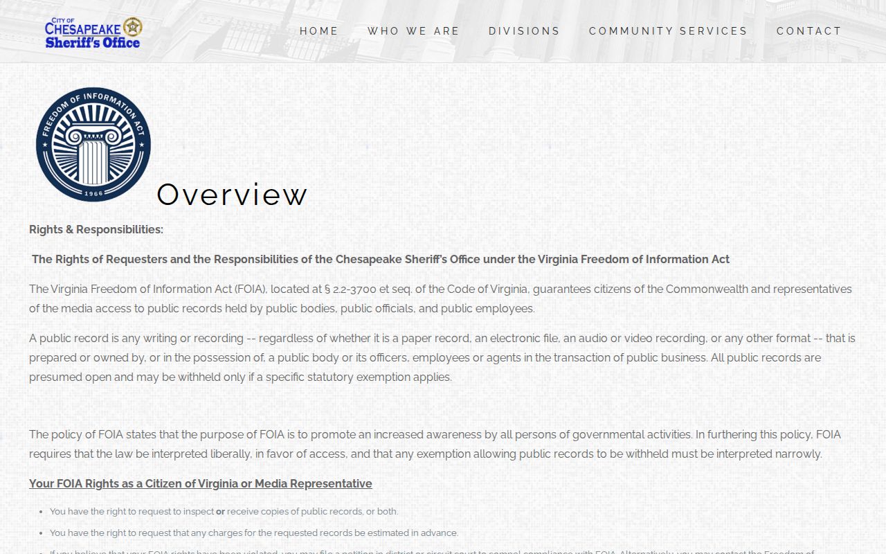 Chesapeake County released inmate records request page
