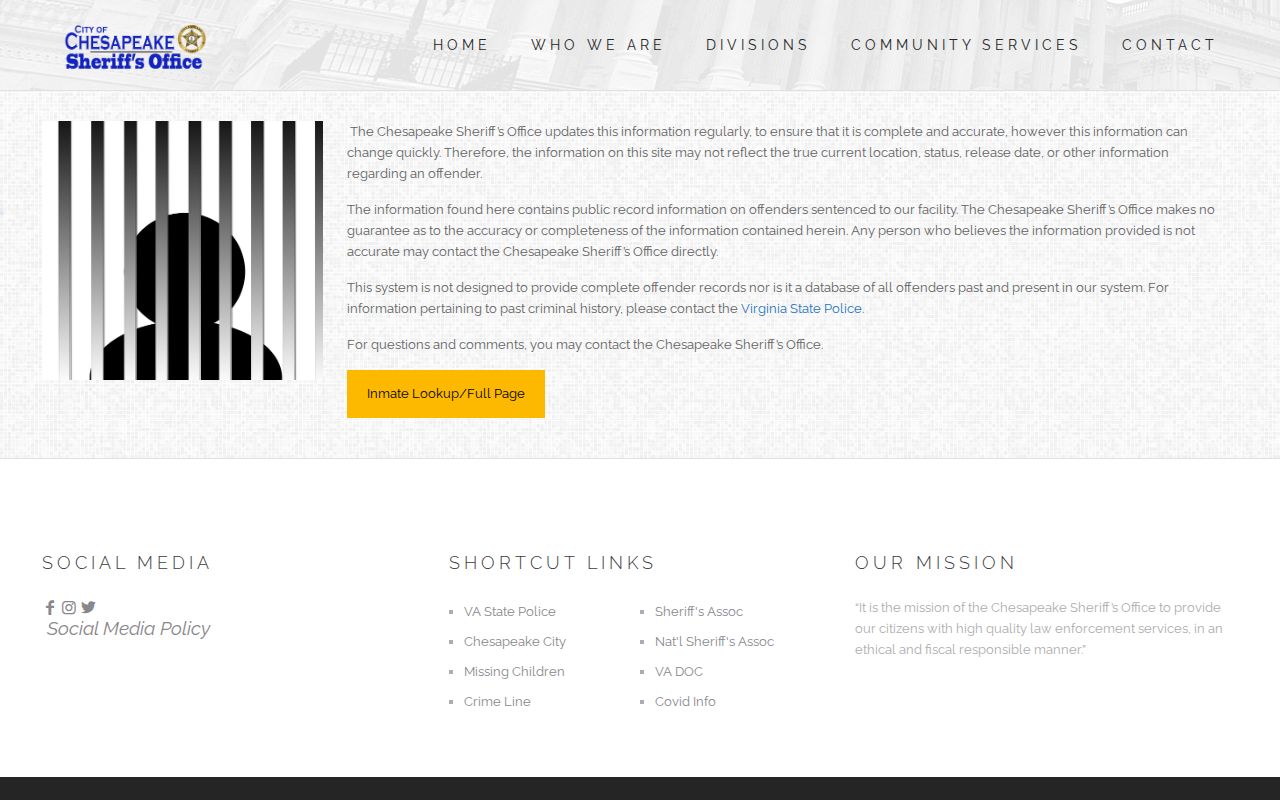Chesapeake County released inmate lookup landing page