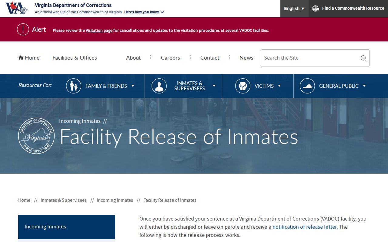 Chesapeake actual release date confirmation through VADOC facility release records