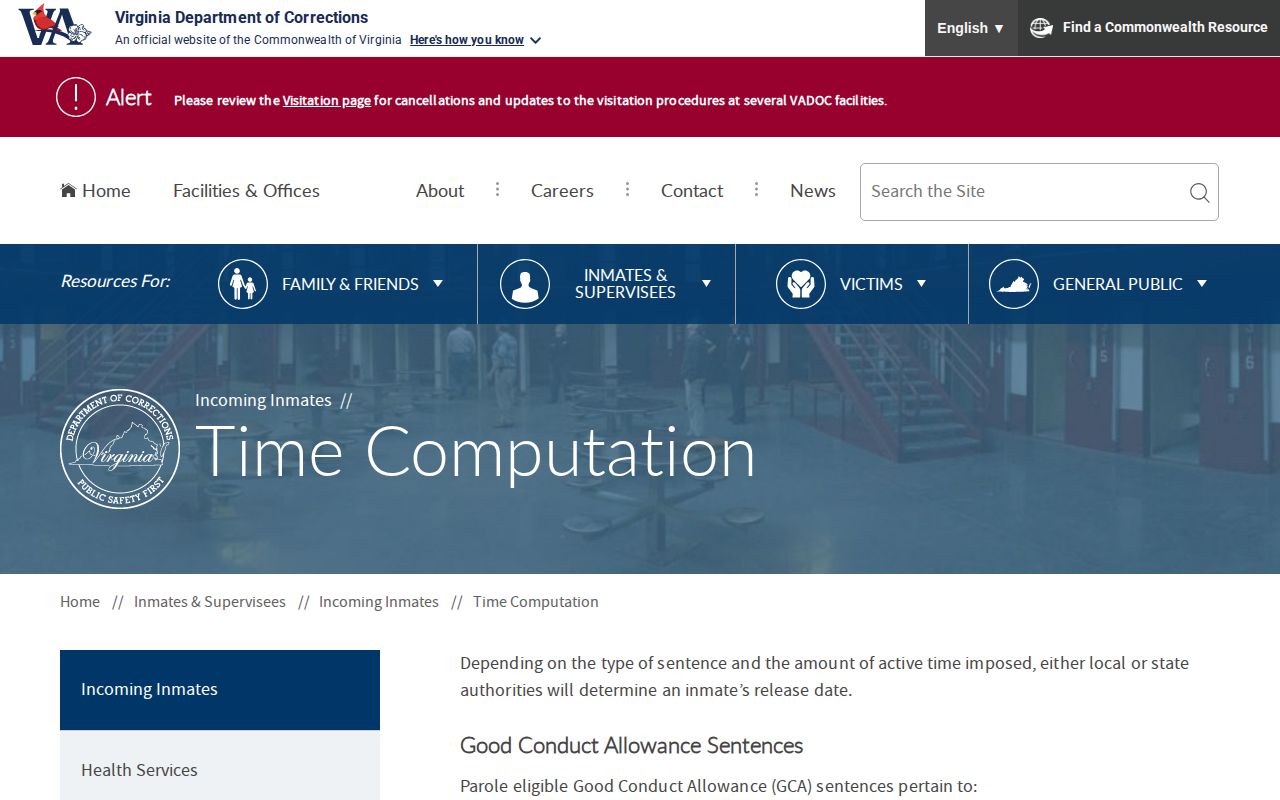 Chesapeake inmate projected release date variables on the VADOC time computation page